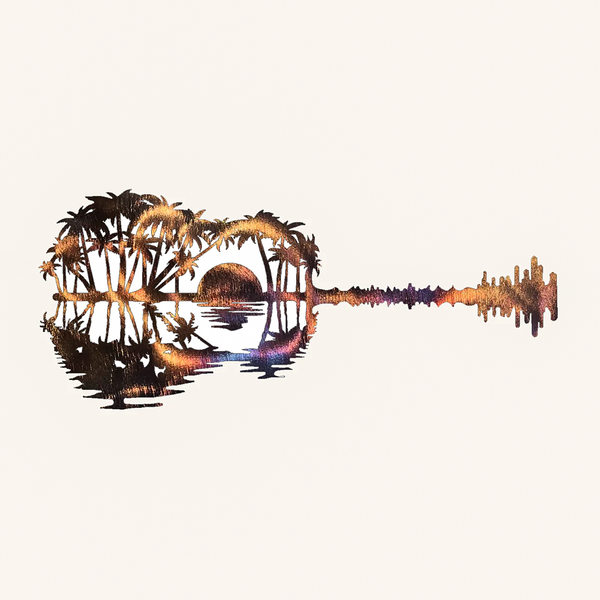 Guitar Sunset with Palm Trees Metal Art