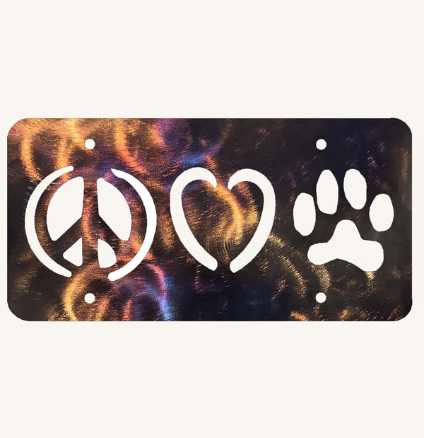 Peace, Love and Paw Print License Plate Metal Art