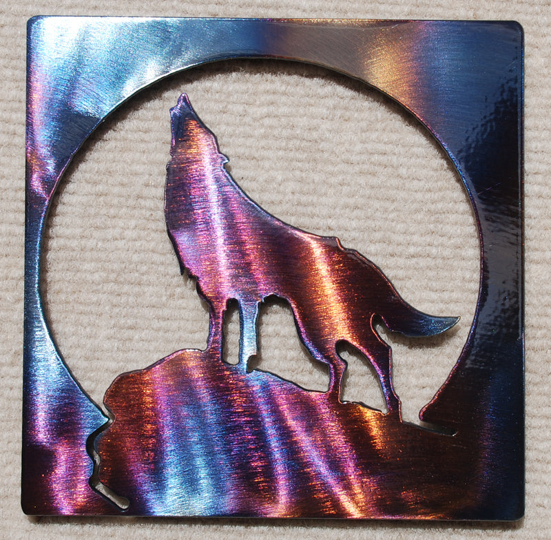 Wolf Howling on Hill in Square Metal Art (#123) - Mountain Metal Arts