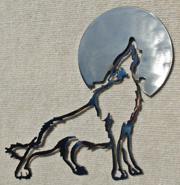 Wolf Howling Cut Out with Moon Metal Art (#124) - Mountain Metal Arts