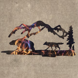 Wolf, Bear, Mountains and Trees Metal Art (#139) - Mountain Metal Arts