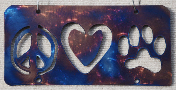 Peace, Love and Paw Print License Plate Metal Art - Mountain Metal Arts