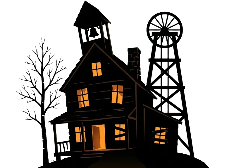 An abandoned mining lodge with glowing windows